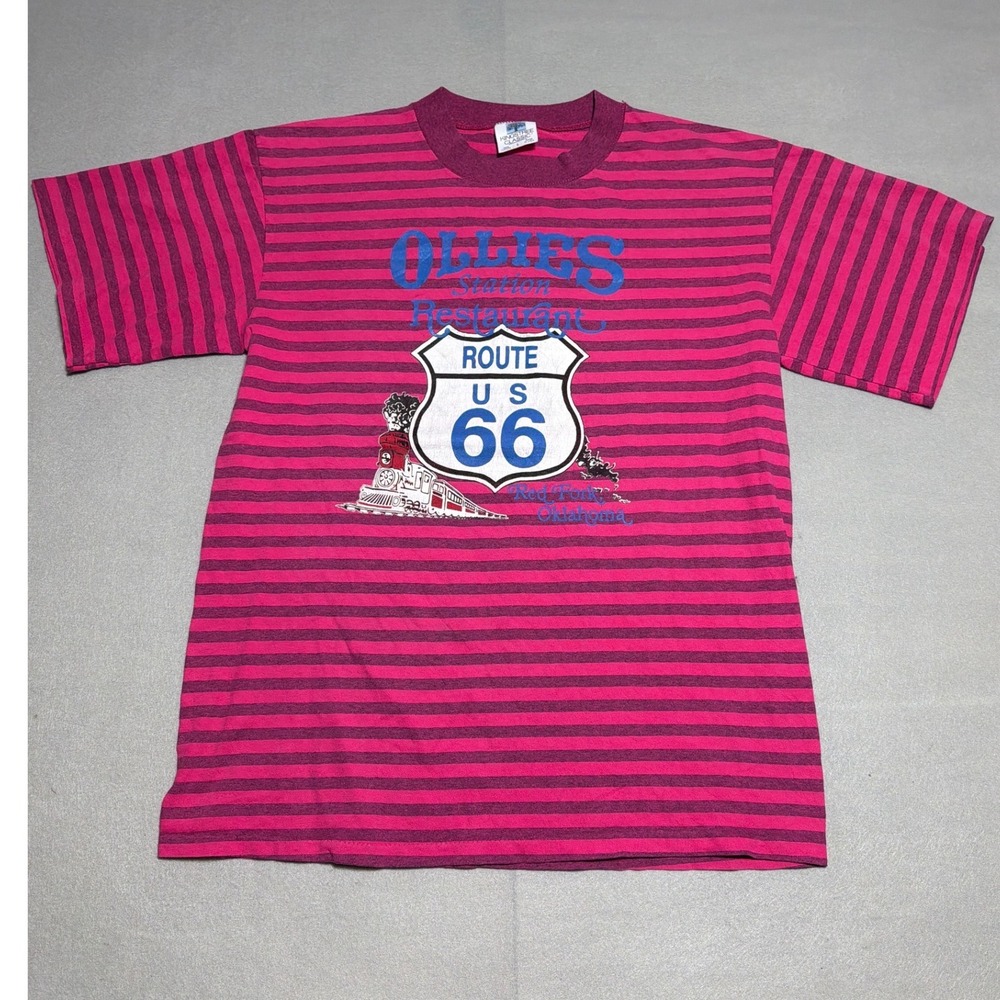 Vintage Kingstree Classic Route 66 Ollies Station Pink Striped T-Shirt Large USA